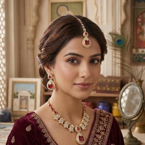 Rödbrunt Guldpläterat Halsband med Droppformade Örhängen Tikka Set – Indian Bridal Heritage Events