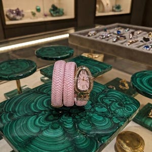 Pastel Pink Braided Snake Wrap Watch, Gold Crystal Roman Numeral Dial