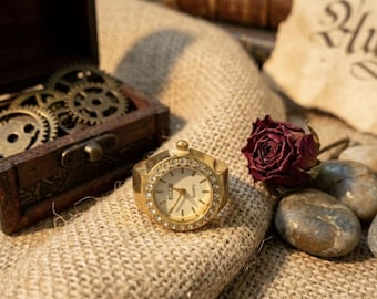 Vintage Gold Halo Ring Watch – Crystal Timepiece, Victorian Style Quartz