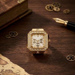Square Gold Watch Ring, Crystal Bezel Chronograph, Steampunk Executive Jewelry Accessory image 2