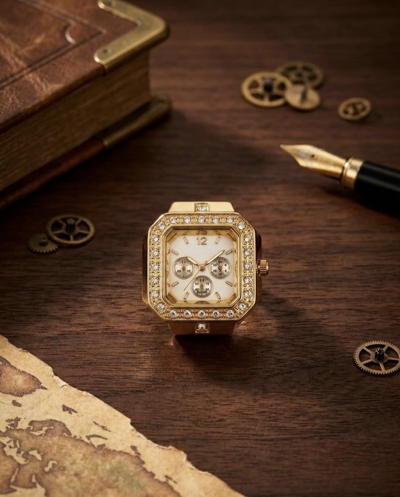 Square Gold Watch Ring, Crystal Bezel Chronograph, Steampunk Executive Jewelry Accessory image 2