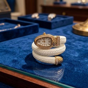 Op de afbeelding: Een gouden polshorloge met een witte leren band die om de pols gewikkeld is. De wijzerplaat van het horloge is ovaal met Romeinse cijfers. De band heeft diamantaccenten. Het horloge wordt tentoongesteld op een blauw fluwelen oppervlak.