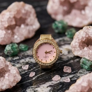Pastel Pink Crystal Bezel Watch Ring, Gold Tone Functional Miniature Clock