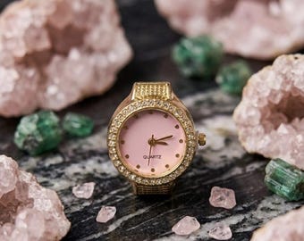Pastel Pink Crystal Bezel Watch Ring, Gold Tone Functional Miniature Clock
