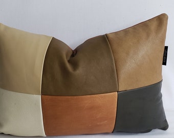 Genuine leather decorative throw pillow 18 x 12" color block multicolor shades of brown beige D