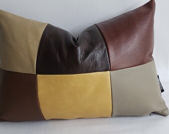 Genuine leather decorative throw pillow 18 x 12" color block multicolor shades of brown beige B
