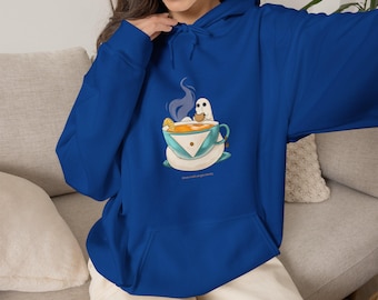 Sudadera con capucha de gato en taza de té / Ilustración de un lindo gato tomando café