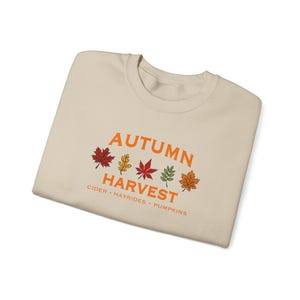 May include: A cream-colored sweatshirt with the words "AUTUMN HARVEST" in orange, arched above a row of colorful leaves. Below the text are the words "CIDER • HAYRIDES • PUMPKINS" in a smaller font.