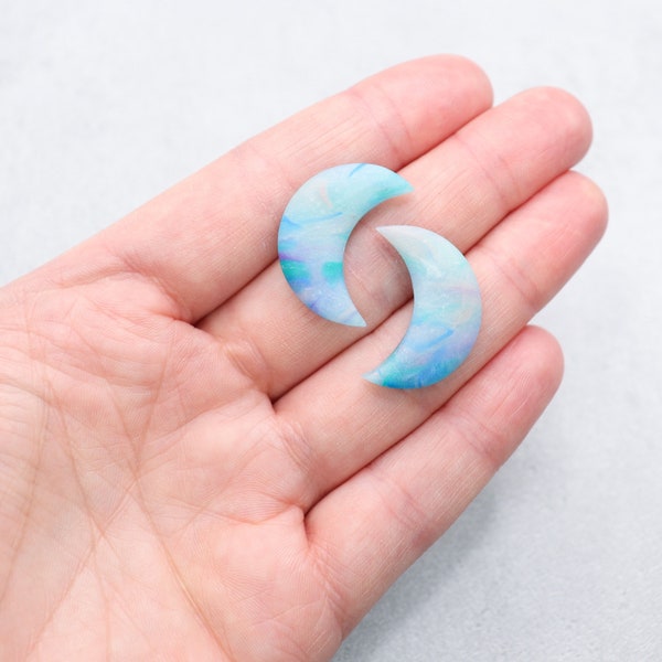 Sky blue moon stud earrings. Handmade polymer clay earrings with studs. Sky blue marble.