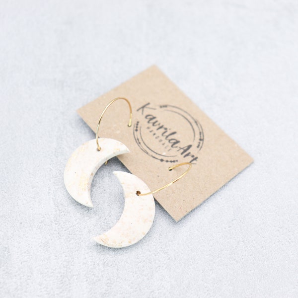 Ivory and gold moon earrings. Handmade polymer clay earrings. Moon earrings with hoops.