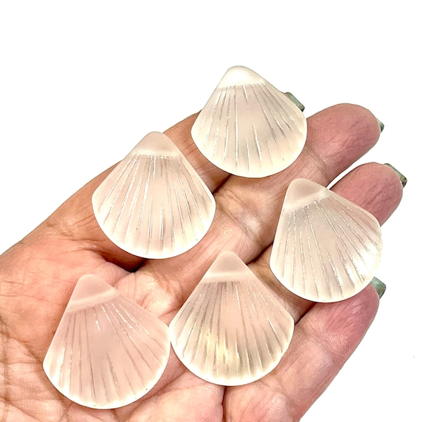 White Sea Glass Scallop Shell Top Drilled Beads, 28mm Sea Glass Clam Shell Bead, Cultured Sea Glass Clam Shell Beads,  Large Sea Glass Beads