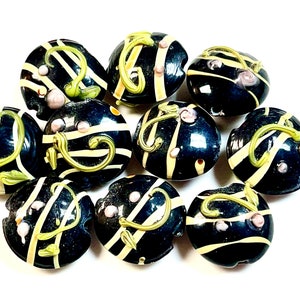 5 PCs Black Lampwork Beads, 16mm Beads, Murano Glass Beads, Venetian Glass Beads, Silver Foil Beads, Handmade Glass Beads, Vintage Beads