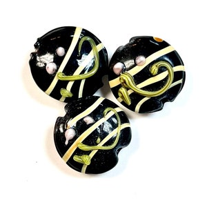 5 PCs Black Lampwork Beads, 16mm Beads, Murano Glass Beads, Venetian Glass Beads, Silver Foil Beads, Handmade Glass Beads, Vintage Beads