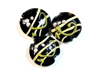 5 st svarta lamppärlor, 16 mm pärlor, Murano-glaspärlor, venetianska glaspärlor, silverfoliepärlor, handgjorda glaspärlor, vintagepärlor