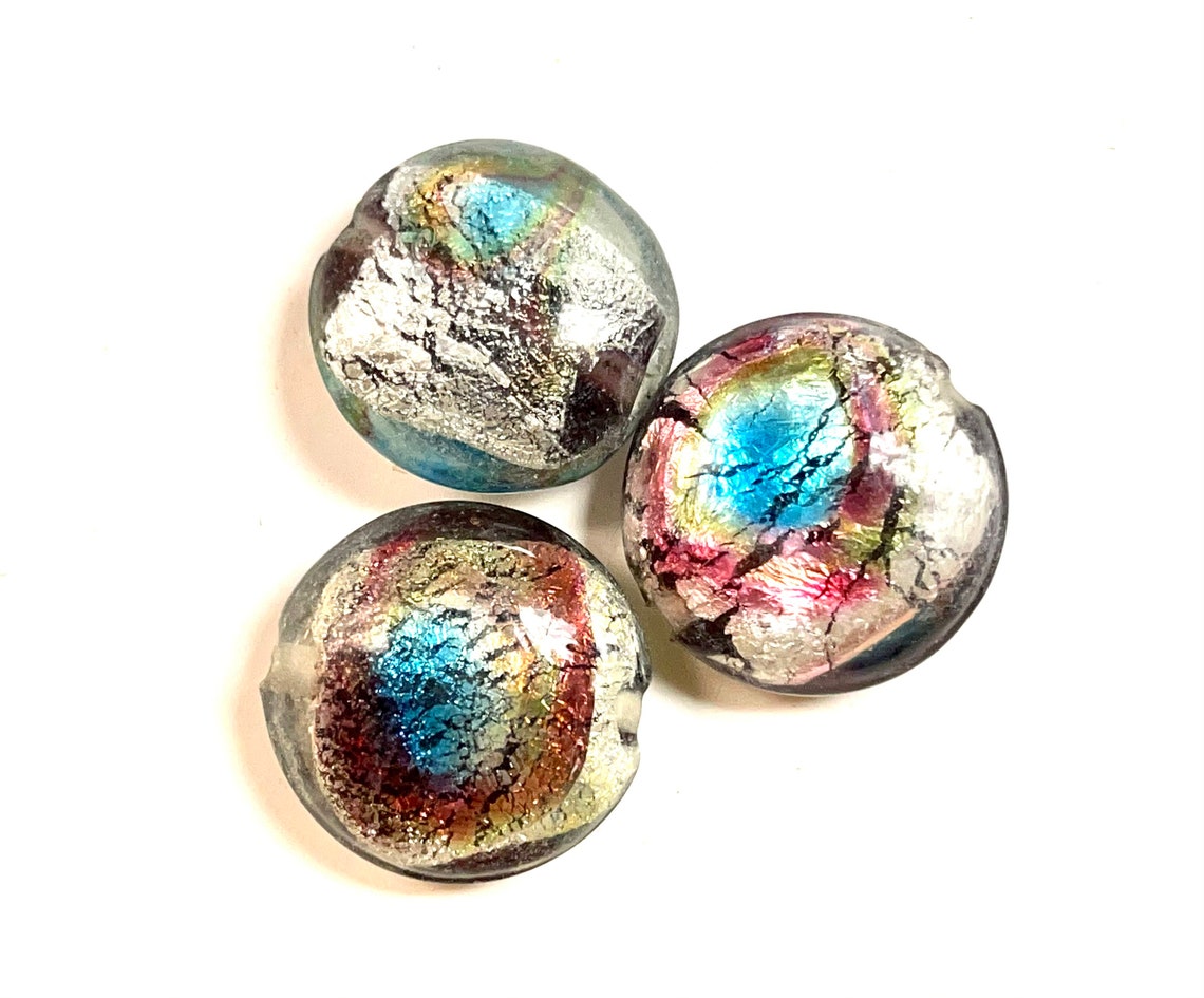Lot De 5 Perles Lampwork / Murano Et Argent - Dimensions 15x9 Mm, Trou 4.5 Mm, Pour Création Bijoux