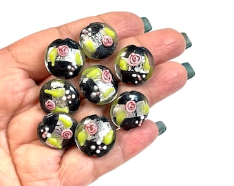 5 PCs Lampwork Beads, Lampwork Glass Beads, Murano Glass Beads, Venetian Glass Beads, Silver Foil Beads, Handmade Glass Beads, Vintage Beads