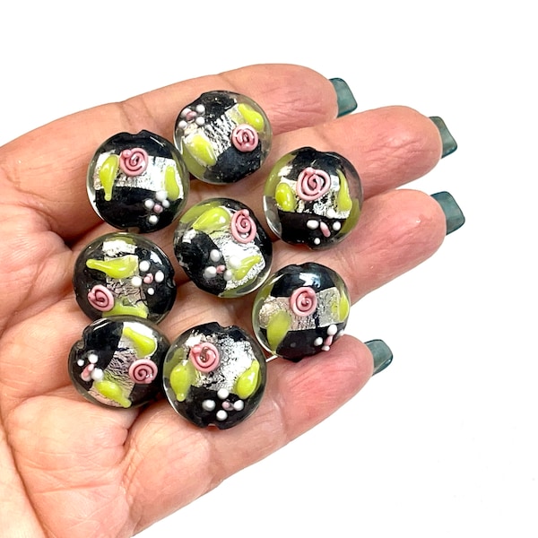 5 PCs Lampwork Beads, Lampwork Glass Beads, Murano Glass Beads, Venetian Glass Beads, Silver Foil Beads, Handmade Glass Beads, Vintage Beads