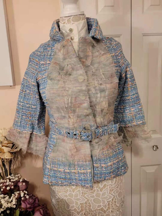 Vintage Chanel tweed wool jacket chiffon trim with