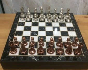 Handmade Folding Chess Set: Marble Look Board, Cast Iron Pieces