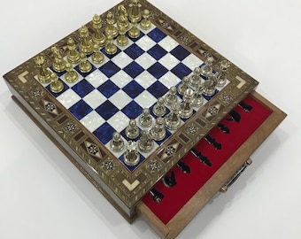 Handmade Antique Wooden Chess Set with Metal Pieces – Vintage V & Storage