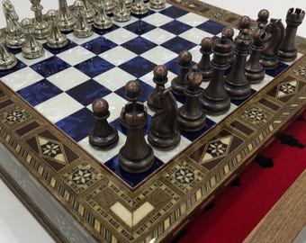Luxury Antique Wooden Chess Set with Metal Pieces – Vintage V & Storage