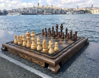 Handmade Vintage Style Wooden Chess Set, Unique Table Decor