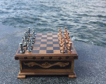 Puzzle Chess Handmade Wood, Board And Compartments, Chess Set With Storage, Wooden Table, Husband