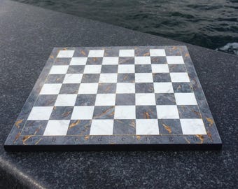 Grey Marble Chess Board, Mother of Pearl Inlay, Handmade Luxury Design (36x36x1.2 cm)