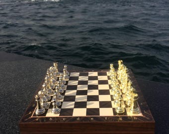 Handmade Cast Iron Chess Set, Walnut Patterned Folding Board