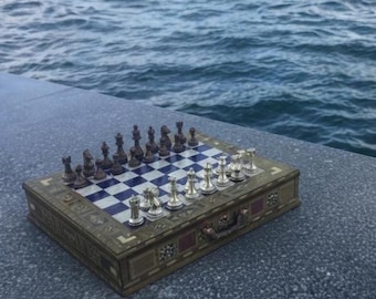 Luxury Handmade Antique Style, Wooden Chess Set with Metal Pieces – Vintage V & Storage
