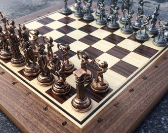 Luxury Handmade Wooden Chess Set with Metal Pieces, 36x36 cm