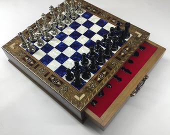 Antique Wooden Chess Set with Metal Pieces – Vintage V & Storage
