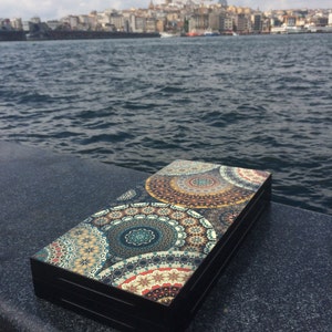 Handmade Mosaic Patterned Wooden Backgammon Set, Multicolor Board Game