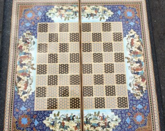 Luxury Hatam Large Chess Backgammon Set, Persian Khatam Board Game Pieces