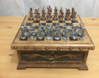 Handmade Wooden Chess Set: Metal Figures, Storage Compartments