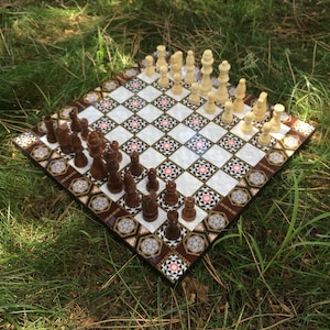 Wooden Mosaic Chess Board, with Cast-Iron Chess Pieces, Luxury Chess Board, Ideal Birthday Gift, Special Chess Set, Mothers Day Gift