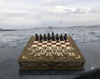Rose Walnut Handmade Medium Chess Set with Storage, Decorative Chess Board
