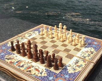 Large Hatam Chess Backgammon Set, Persian Khatam Board Game Pieces, Luxury Christmas Husband Gift