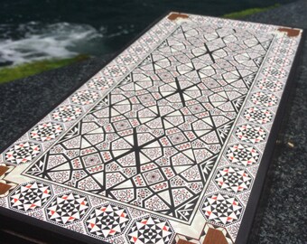 Elegant Black White Design Backgammon Board, Handmade Star Mosaic Patterned Wooden Backgammon Set