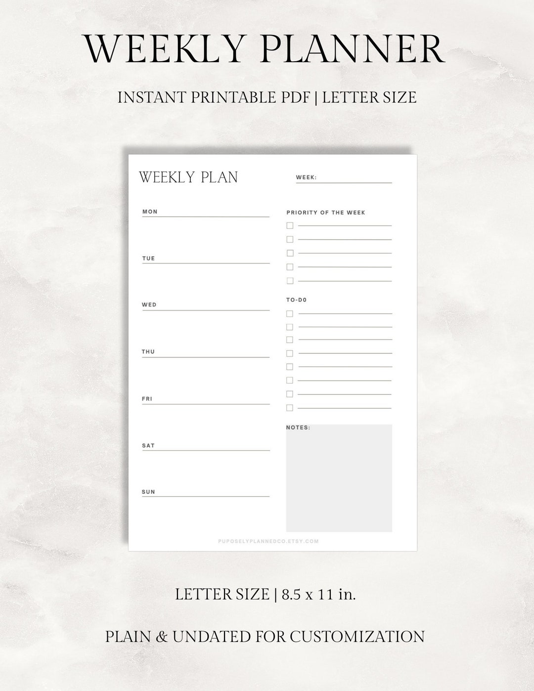 Weekly Planner Printable Letter Size Instant Download - Etsy