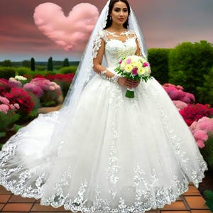 May include: A white bridal gown with a full skirt and long train. The dress has detailed lace on the bodice, sleeves, and hem. A bride holds a bouquet of pink, yellow, and white flowers. A sheer veil is worn.