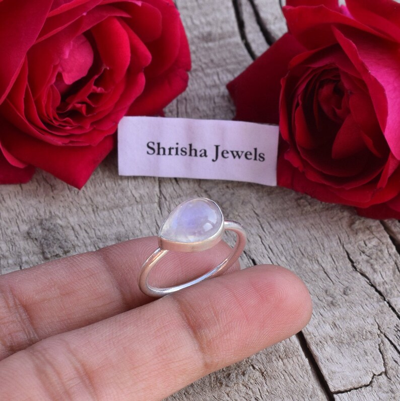 Anniversary Ring Designer Ring Promise Ring 925 Silver Ring Gift for her Natural Rainbow Moonstone Ring Blue Fire Pear Moonstone Ring