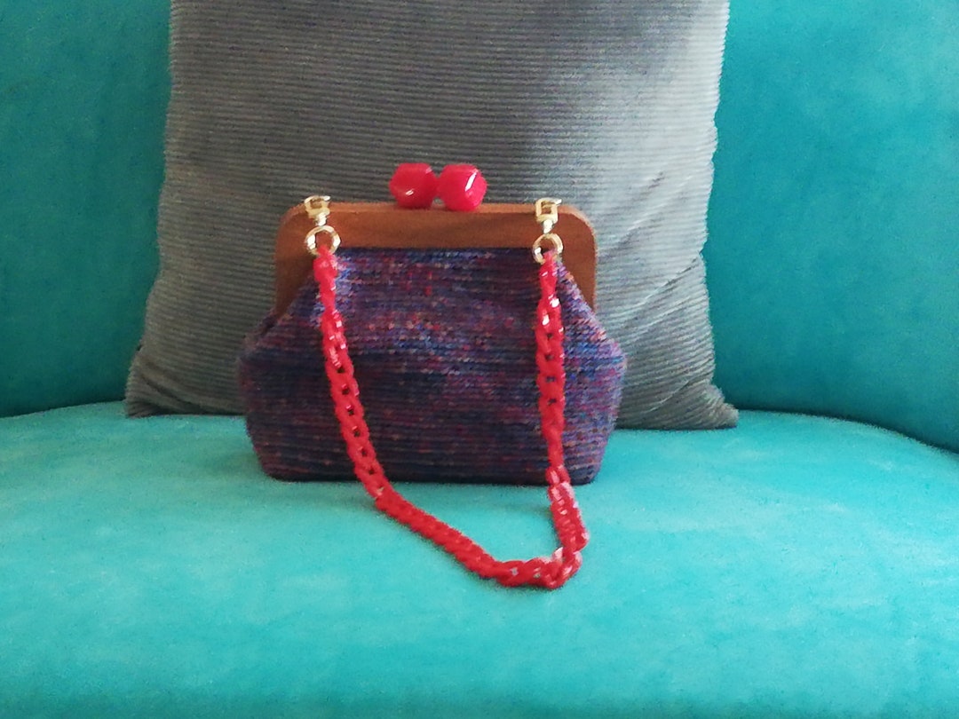 Bag With Frame in Shades of Blue and Red /clutch/ Vintage Bag/crochet