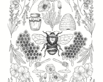 Honey Bee and Wildflowers Digital Print 8x10