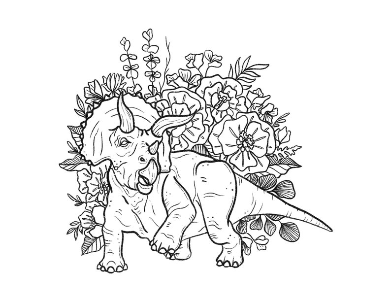 Dino Flowers Art Print and Coloring Pages Digital Download Only