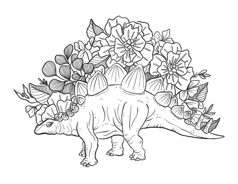 Dino Flowers Art Print and Coloring Pages Digital Download Only