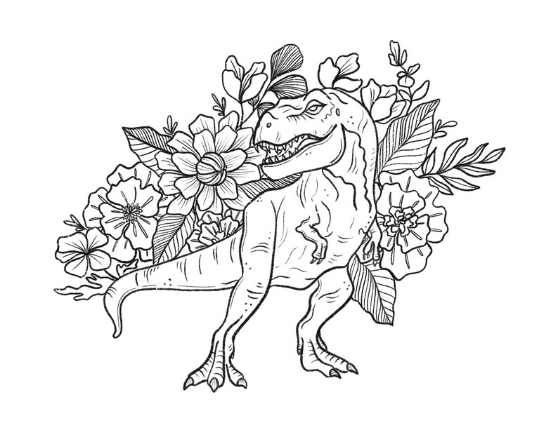 Dino Flowers Art Print and Coloring Pages Digital Download Only