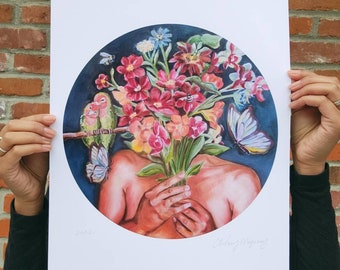 Portrait of a Hidden Woman Holding Flowers Print, Mother Nature Print, Flower Portrait Print, Oil Painting Print, Round Painting Print