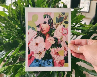 Portrait of a Woman with Flowers Print, Flower Portrait Print, Oil Painting Print