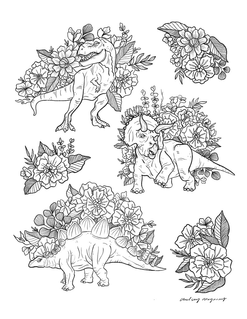 Dino Flowers Art Print and Coloring Pages Digital Download Only